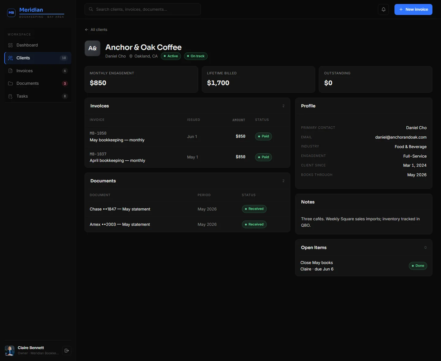 A single client, with invoices, document intake, profile, notes, and open items in one view.