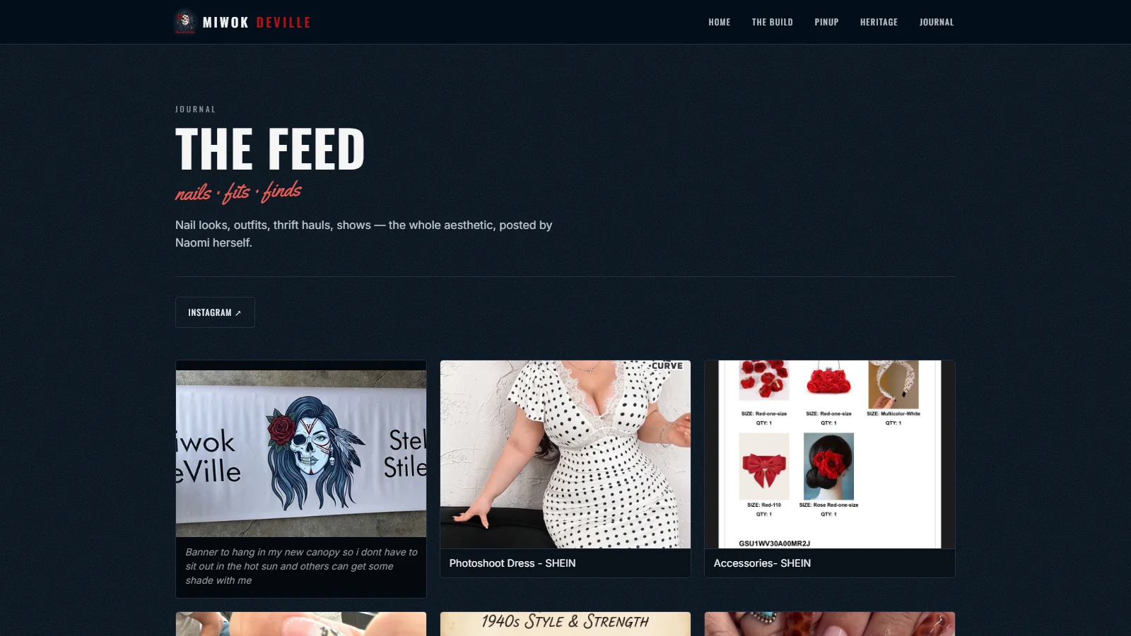The Feed: nails, fits, and finds, with links out to her socials; the archive itself lives on her domain.