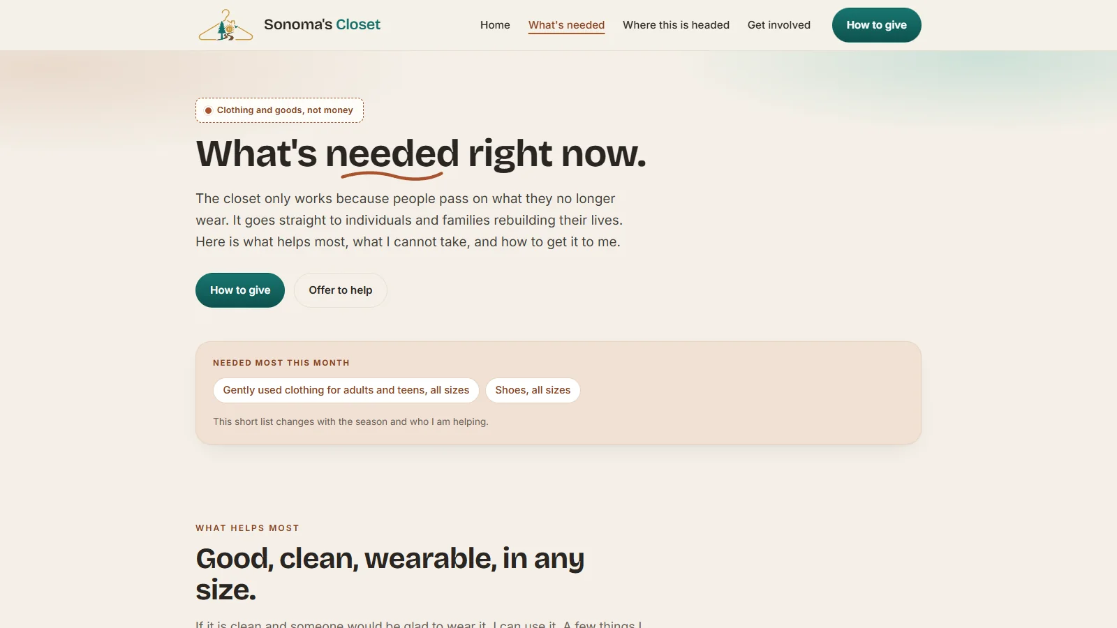What's needed right now: the month's short list up top, then what helps most and what the closet cannot take.